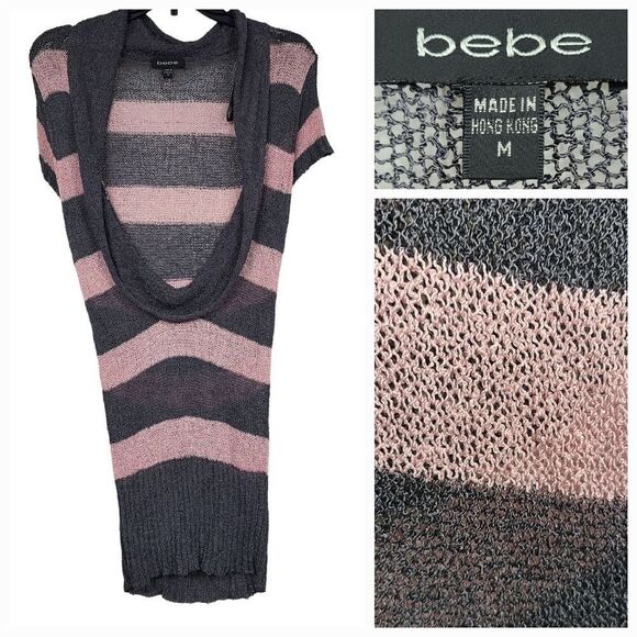 BEBE Plunging Cowl Neck Loose Knit Short Sleeve Sweater Gray/Pink Stripe Beach - Picture 1 of 8